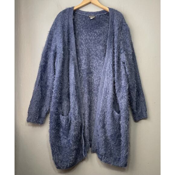 Venus Eyelash Cardigan Plus Size 1X Blue Open Front Soft Cozy Pocket Duster - Picture 1 of 9